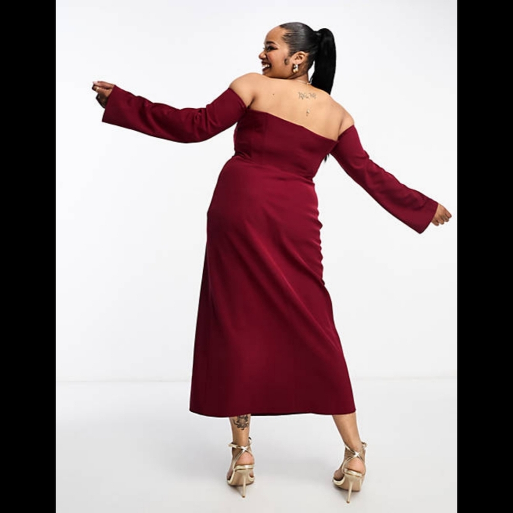 BNWT ASOS DESIGN CURVE EXCLUSIVE BARDOT CORSET DETAIL MIDI DRESS IN WINE - Picture 4 of 15
